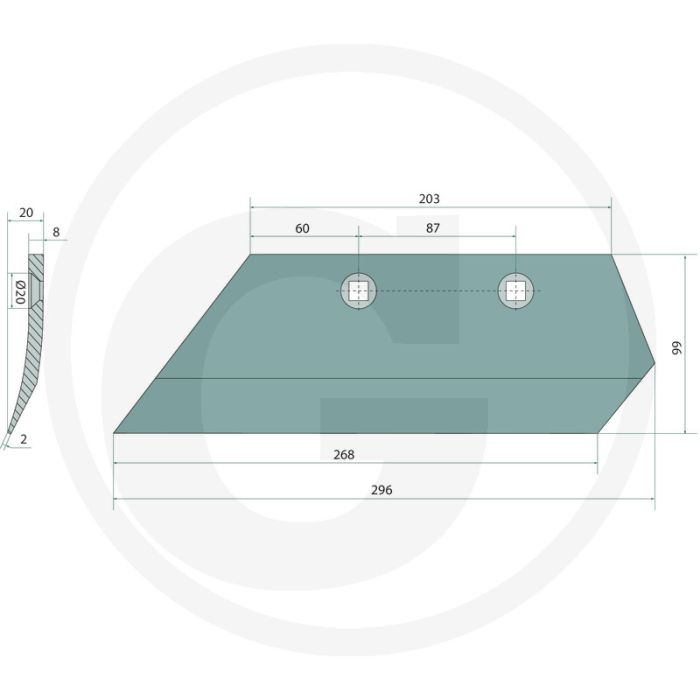 Voorschaar links - breedte 99mm, lengte 268mm, gatafstand 87mm