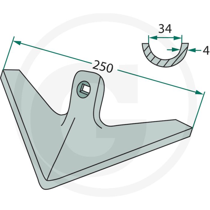 Hackschar beschichtet - werkbreedte 250mm, dikte 4mm, 1 gat, hoek 40°