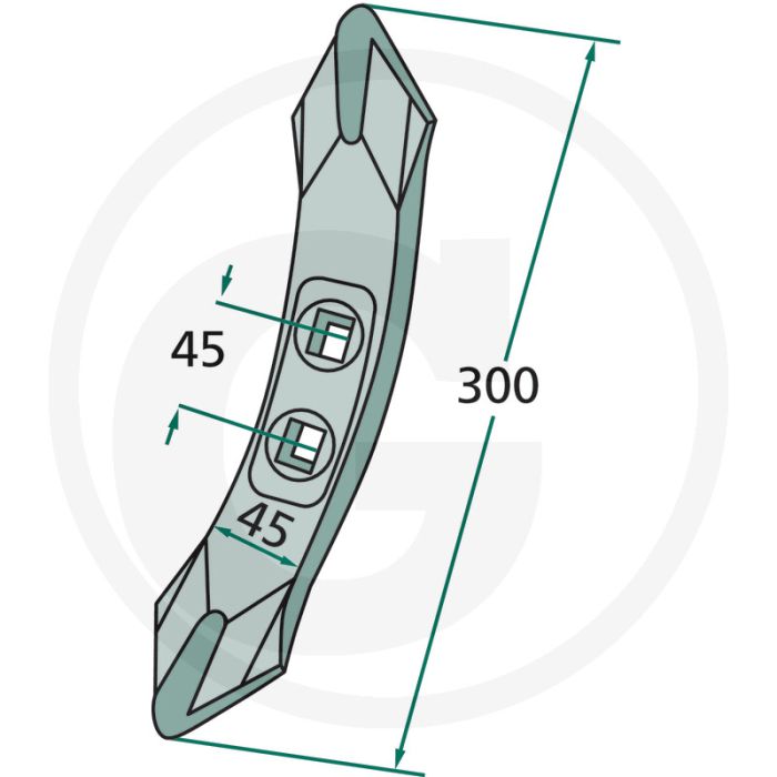 Beitel - dikte 16mm, afmetingen 300 x 45 x 16mm, aantal gaten 2