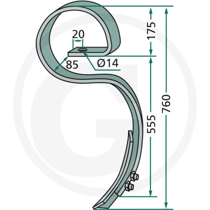 Dents à ressort complètes avec burin (300 x 53 x 7 mm, espacement des trous : 45 mm) - carré 70 x 12