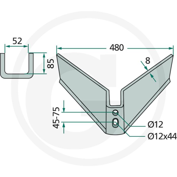 Vleugelschaar 480 x 8 mm met 15° werkhoek
