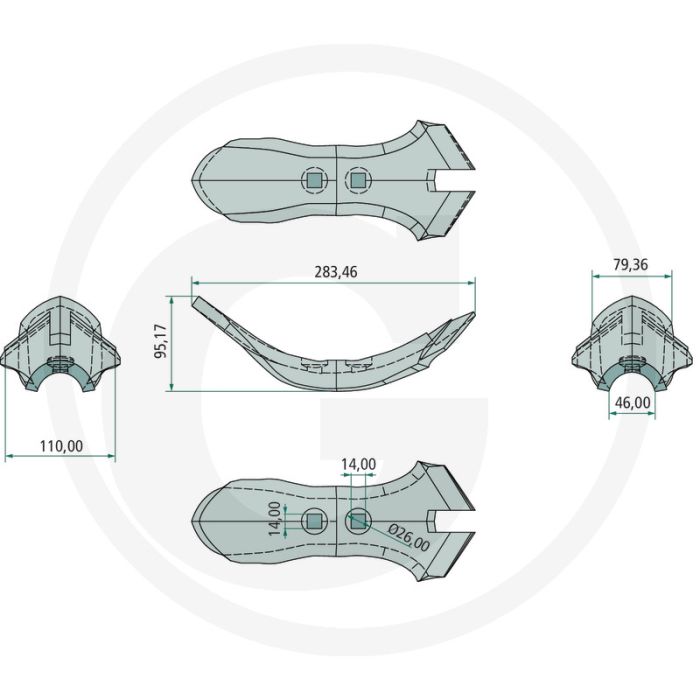 Pointe de cisaillement robuste avec plaque d'usure en carbure brasée - dimensions : 110x12mm Pointe de cisaillement robuste avec plaque d'usure en carbure brasée - dimensions : 110x12mm