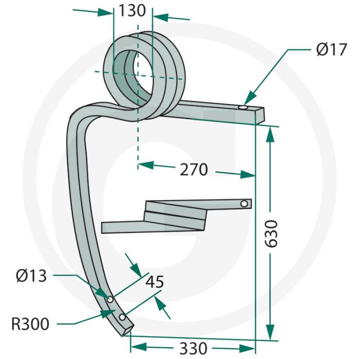 Cultivatortand links, gedraaid - afmetingen: 30x30 mm