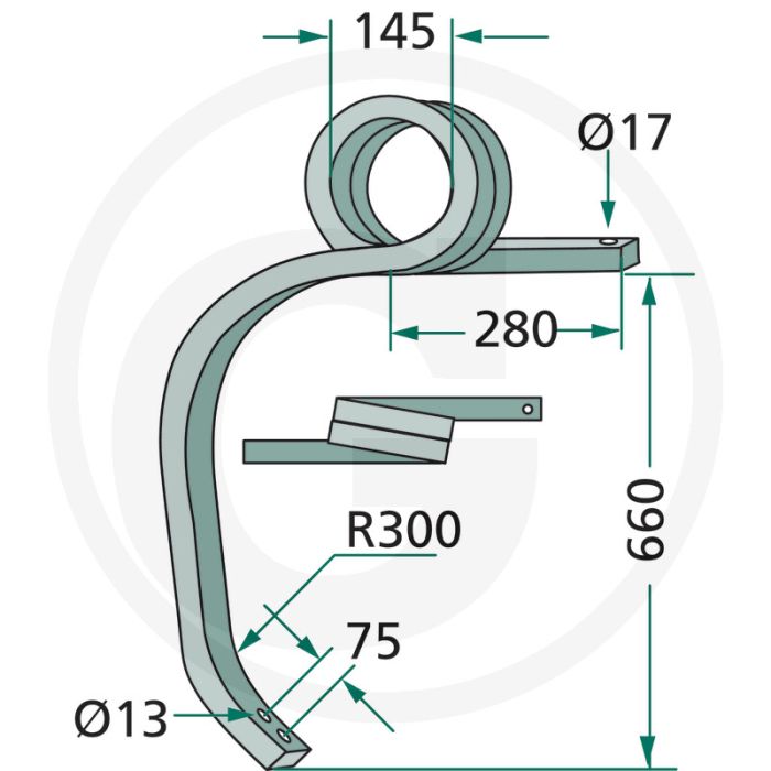 Cultivatortand, zwaar rechts, gedraaid - afmetingen: □35mm, lengte: 660mm, gatafstand: 75mm, radius r: 300mm.