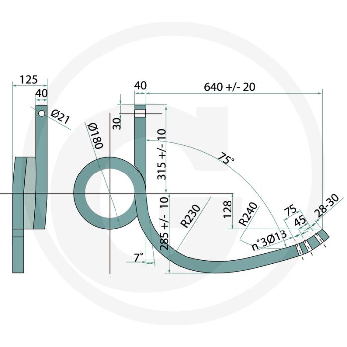 Cultivatortand links, gedraaid - afmetingen: 40x40 mm