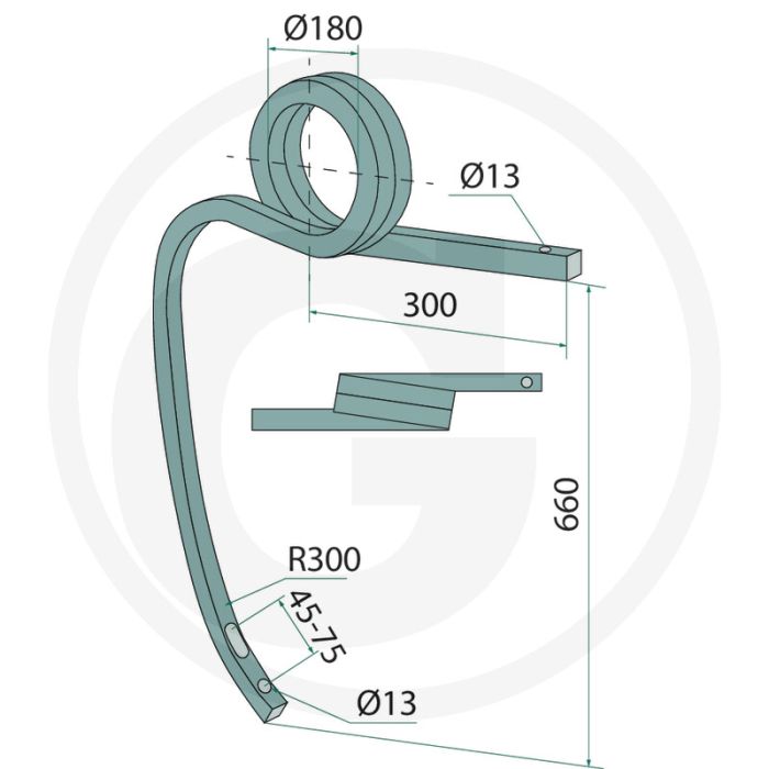 Schwergrubberstiel gedreht rechts - gatafstand 45-75mm, radius r 300, vierkant 35x35mm