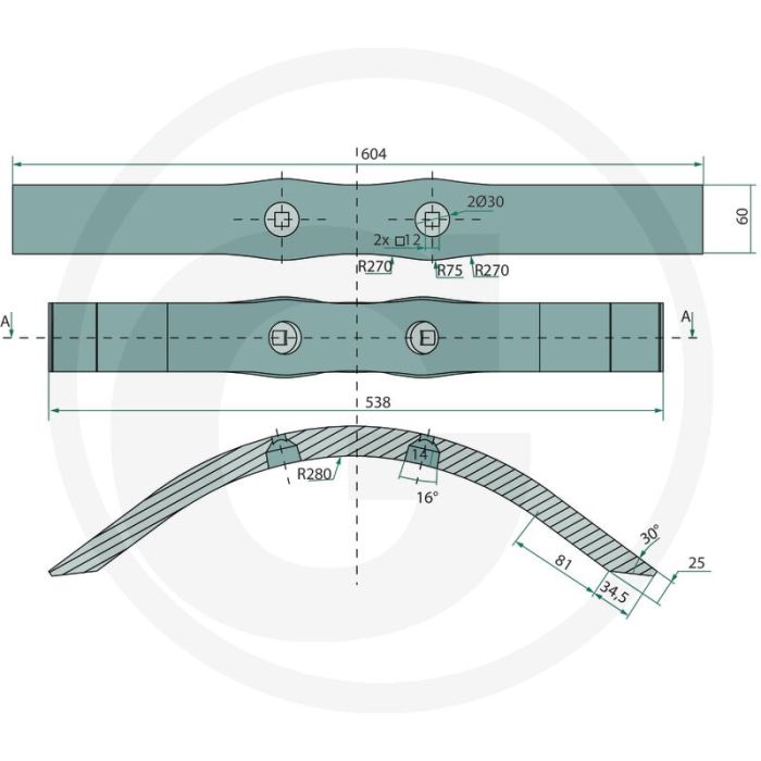 Beitel, smal - karat, kristall, 590x60x25mm
