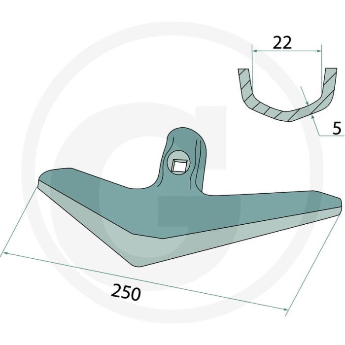 Gänsefußschar beschichtet - kompaktor, 5mm dik, 1 gat, 250mm werkbreedte