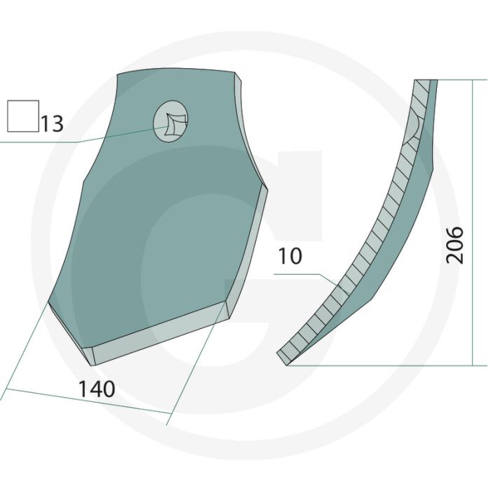 Schaarpunt - dikte 10mm - afmetingen 140 x 10mm - aantal gaten: 1 - werkbreedte 140mm - lengte 206mm - type: aramix