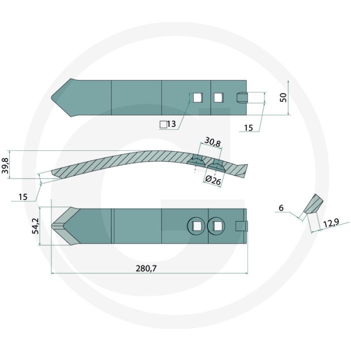 Schaarpunt - afmetingen: 265 x 50 x 15 mm