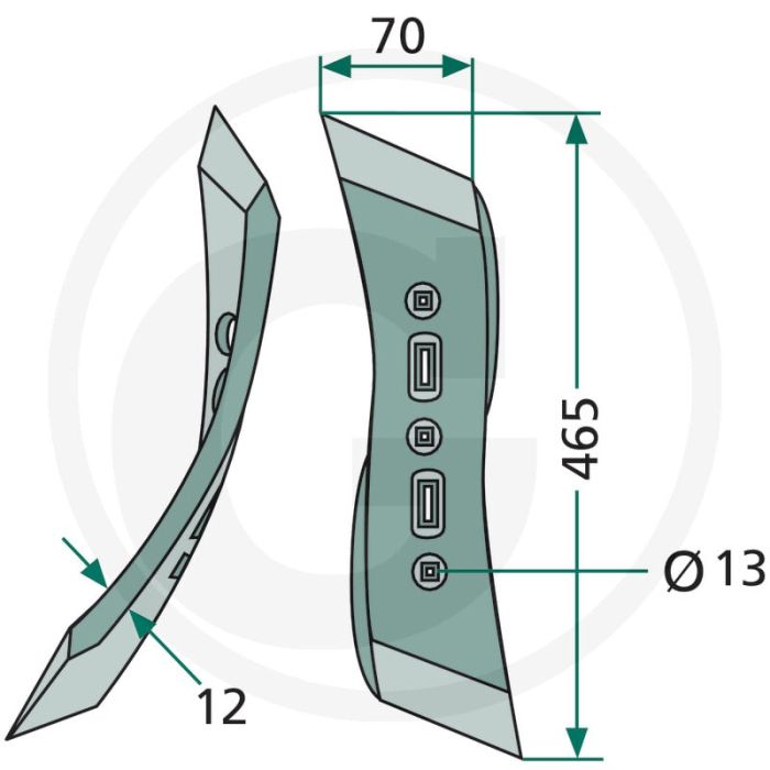 Beitel links, gedraaid, onderzijde gehard - werkbreedte: 70 mm