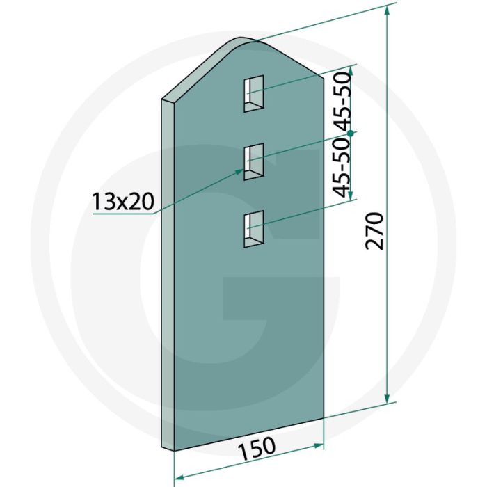 Slijtdeel recht - werkbreedte 150mm, dikte 8mm, afmetingen 270 x 150 x 8mm