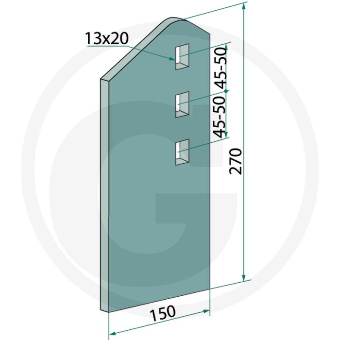 Slijtdeel recht - werkbreedte 150mm, dikte 8mm, afmetingen 270 x 150 x 8mm