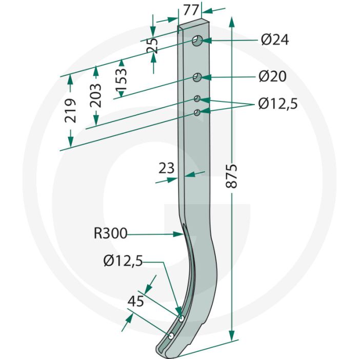 Cultivatortand, zwaar - l (mm): 875, Ø d1 (mm): 24, Ø d2 (mm): 20, d3 (mm): 12,5, Ø d4 (mm): 12,5, a (mm): 153, b (mm): 203, c (mm): 219, d (mm): 77, e (mm): 45
