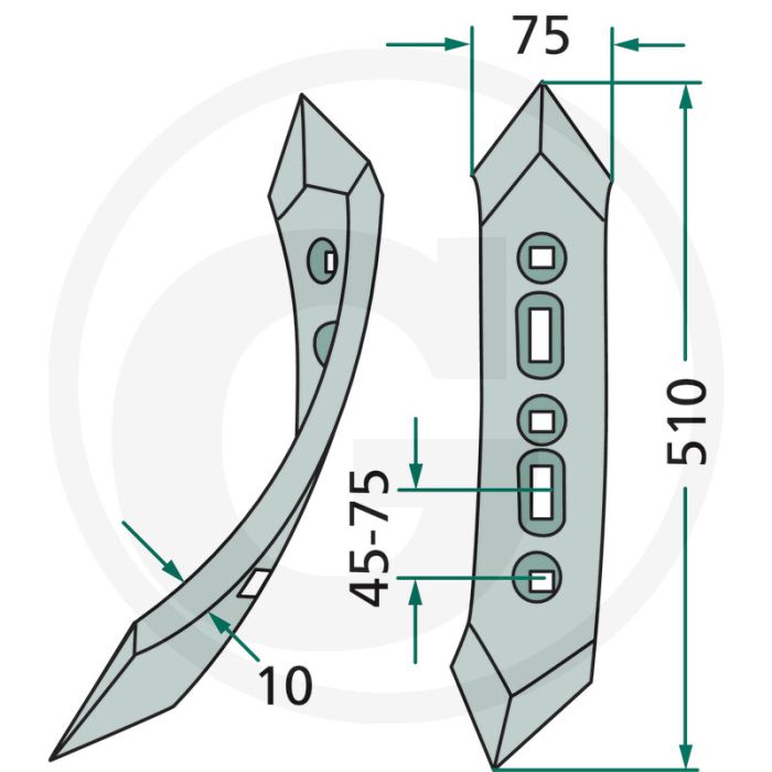 Beitel links, omkeerbaar, gedraaid - afmetingen: 510 x 75 x 10 mm