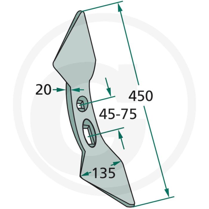 Tweezijdige beitel radius: 300 onderzijde gecoat - afmetingen: 450 x 135 x 20 mm