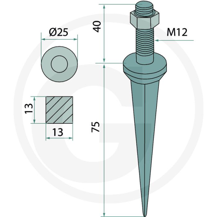 Eggetand met vierkant van nature hard, recht - l:75mm, a:13mm, b:12mm, c:m12 x 40mm, draad:m12, materiaal:boriumstaal