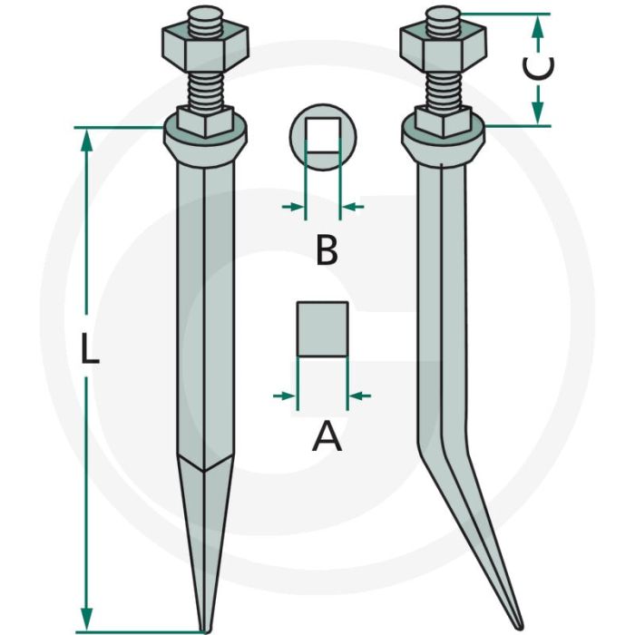 Eggetanden met vierkant gehard, gebogen - l:200mm, a:20mm, b:16mm, c:m16 x 50, draad:m16, materiaal:boriumstaal