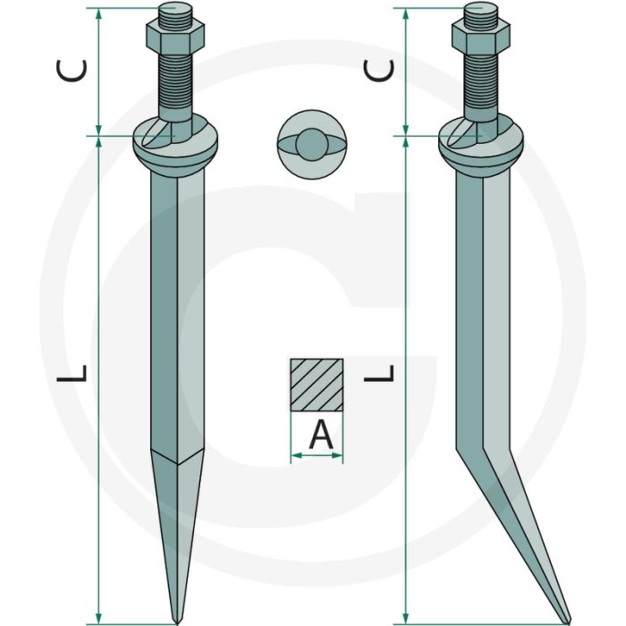 Eggetand met 2 nokken in de aansluiting van nature hard, gebogen - lengte 150mm
