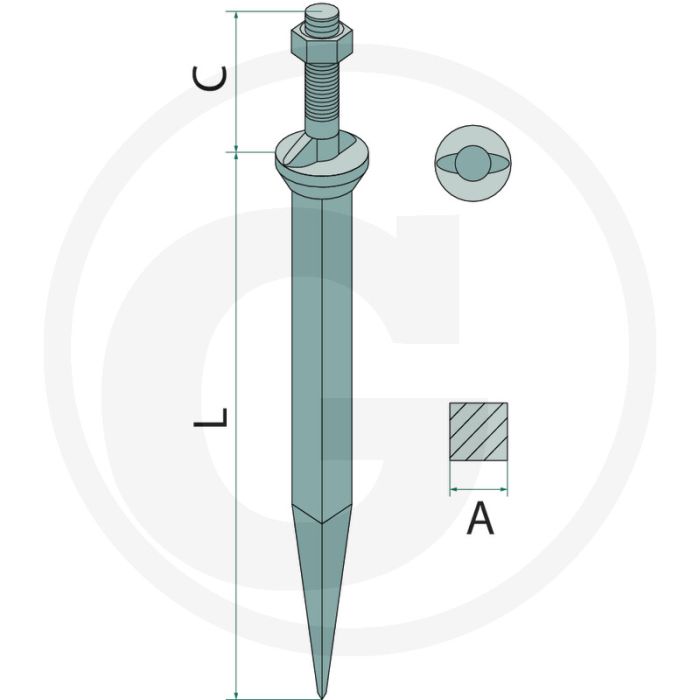 Eggetand met 2 nokken in de aansluiting van nature hard, recht - lengte 150mm