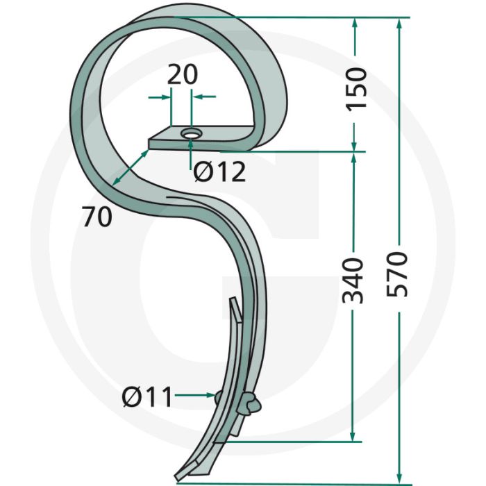 Cultivatortand compleet met beitel - afmetingen: 32 x 10 mm