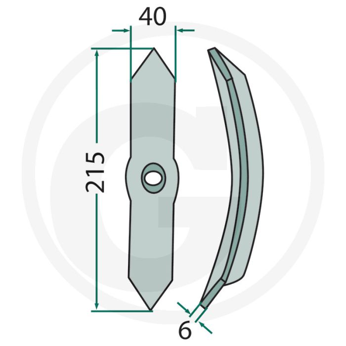 Beitel voor tand 45 x 10 - afmetingen: 215 x 40 x 6 mm