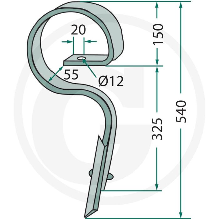 Cultivatortand recht, compl. met beitel - afmetingen: 32 x 10 mm