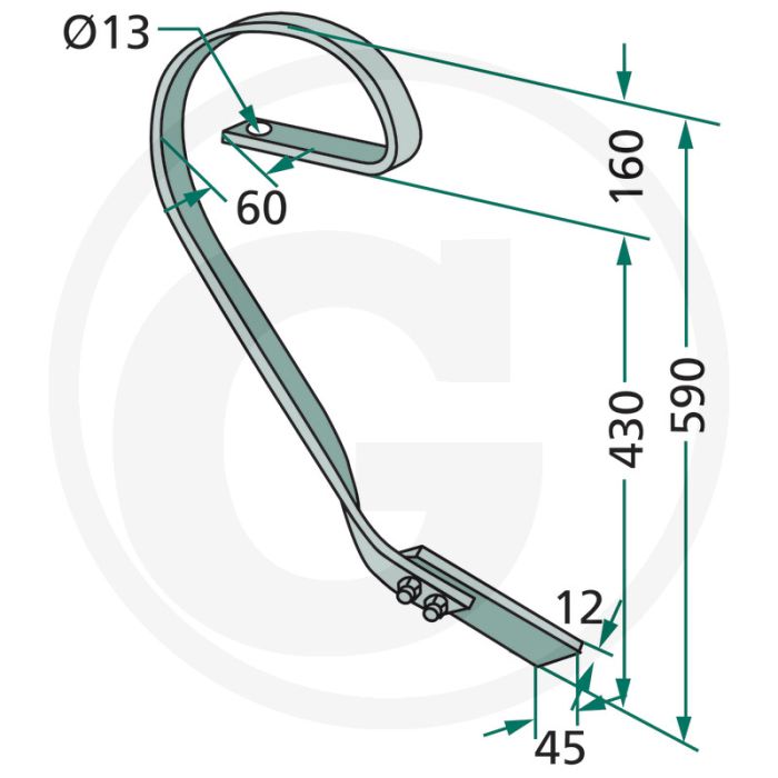 Dent traînante droite, complète avec ciseau - dimensions : 32 x 12 mm