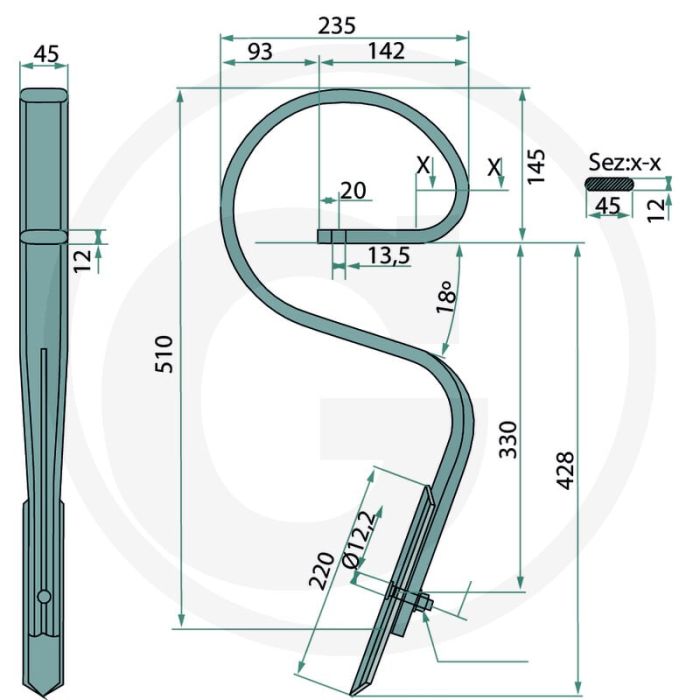 Cultivatortand recht, compl. met beitel - afmetingen: 45 x 12 mm