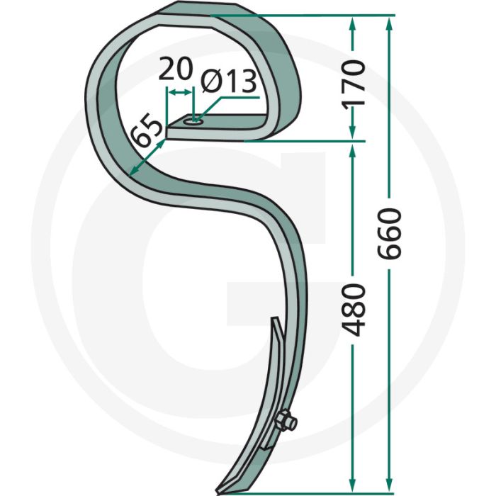 Dent de cultivateur complète avec ciseau, courbée - dimensions : 32 x 12 mm