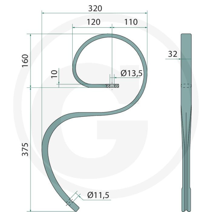 Veertand 32 x 10 mm: 435 mm lengte, vierkant 32 x 10 mm