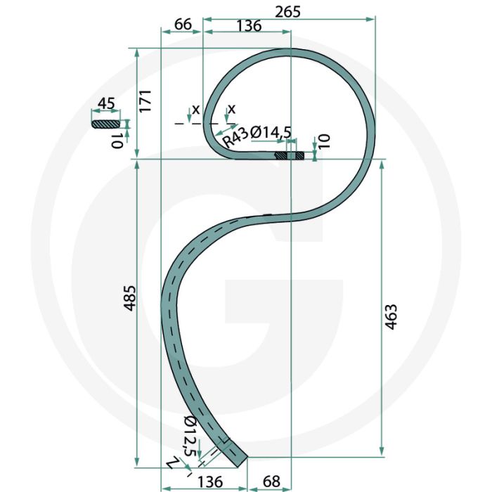 Veertand 45 x 10 met beitel, 40 x 6 x 210 mm - afmetingen: 45 x 10