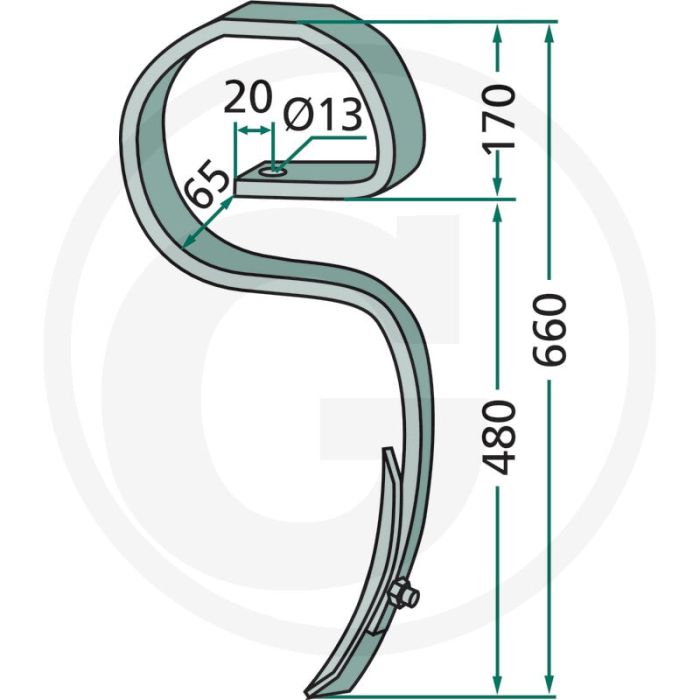 Cultivatortand compl. met beitel, gebogen - afmetingen: 32 x 12 mm Cultivatortand compl. met beitel, gebogen - afmetingen: 32 x 12 mm