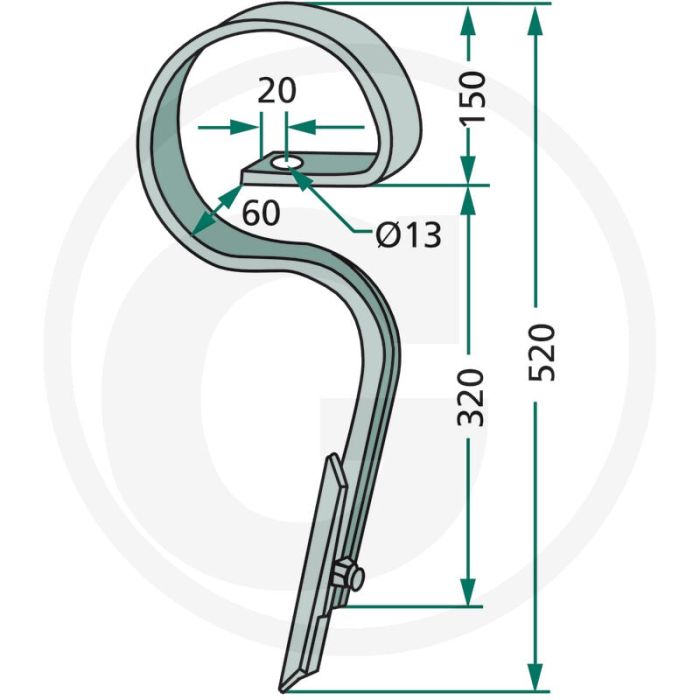 Dent de cultivateur droite, avec burin - dimensions : 45 x 12 mm