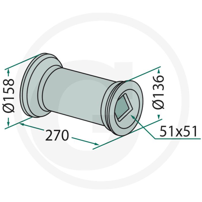 Tussenstuk voor vierkant-assen 50 x 50 - Ø 660, 710 (158 x 136 mm)