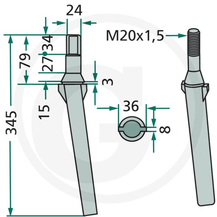 Rotorkopegtand - Passend voor Celli, Rotoland - Lengte: 345mm