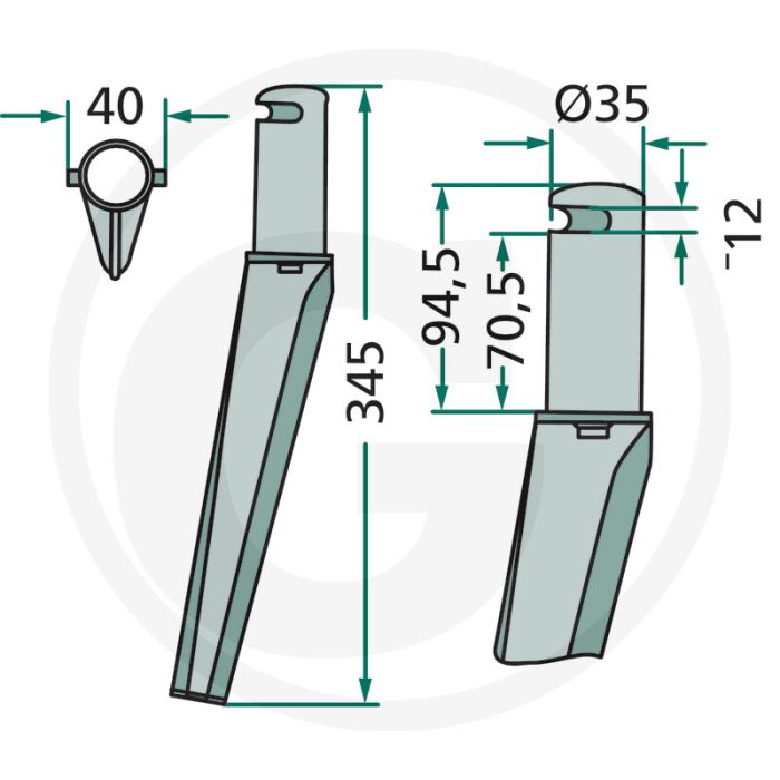 Rotorkopegtand - Lengte: 345mm, Breedte: 40mm, Gat-Ø: 12mm, Passend voor Krone