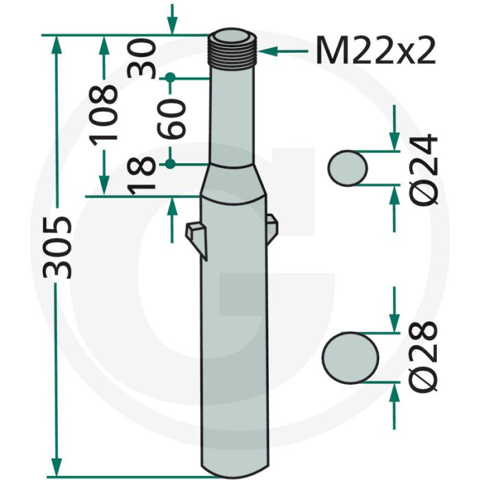 Rotorkopegtand - Lengte: 305mm, Breedte: 28mm, Inbouwmaat: 60mm, Passend voor: Agrator, JF