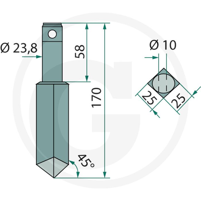 Rotorkopegtand - Passend voor Rau - L:170mm B:23,8mm D:25mm Ø:10mm - Inbouwmaat:58mm Rotorkopegtand - Passend voor Rau - L:170mm B:23,8mm D:25mm Ø:10mm - Inbouwmaat:58mm