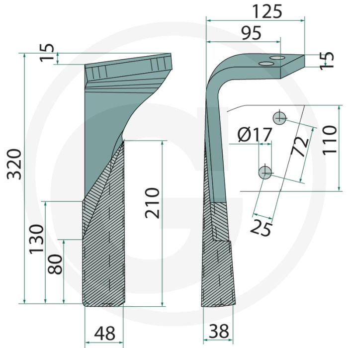 Dent de tête de rotor (droite, enrobée 320 x 110 x 15 mm MZ28B RE)