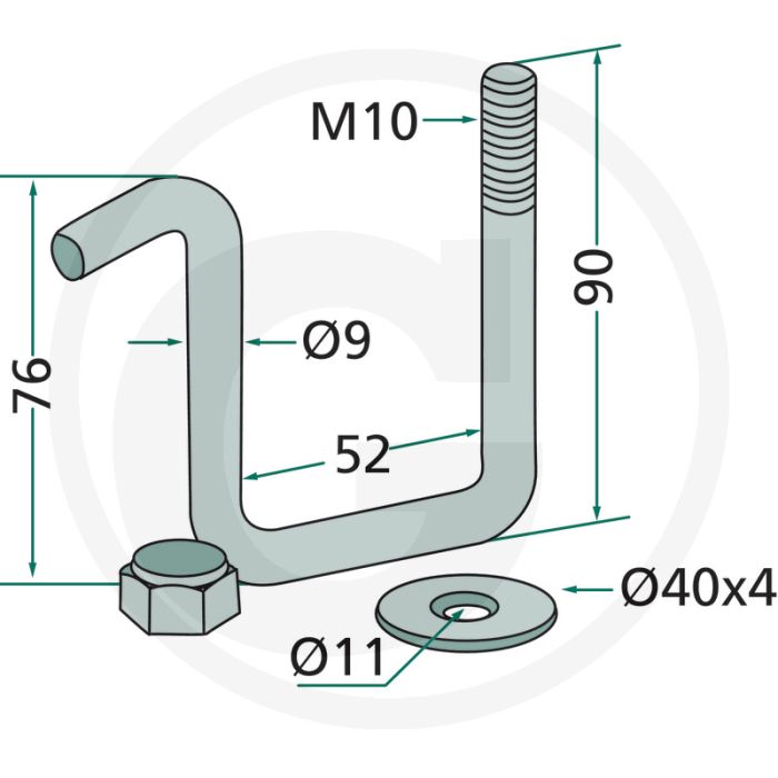 Houder (met zelfborgende moer M10 en schijf voor frame 50 x 50 mm)