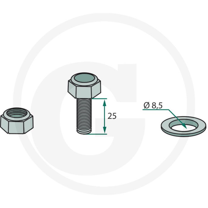 Bout (M8 x 1,25 x 25 mm, met zelfborgende moer en ring)