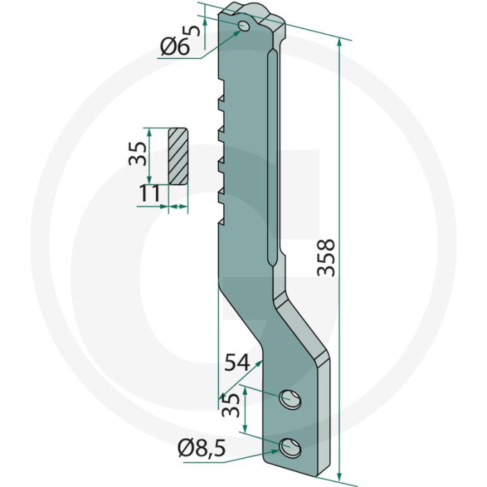 Stiel links - Chopstar, 3 boringen, 358mm lengte, 35x11mm vierkant
