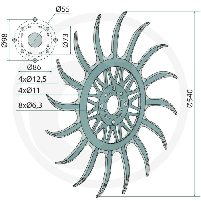 Hakselster, compleet met lager - Buiten-Ø 540mm, Gatafstand Ø73, Ø86, Ø98