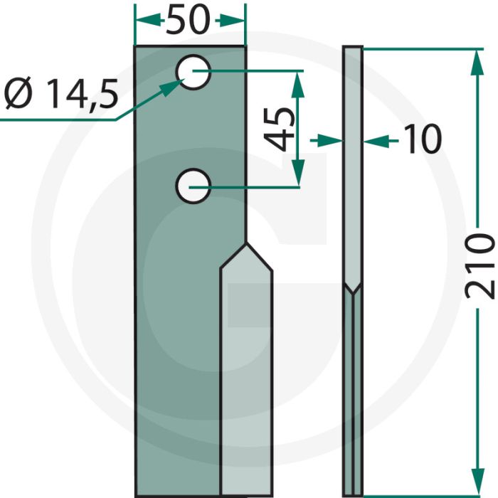 Rotorkopegtand 45mm gatafstand, 10mm dikte, 210mm lengte