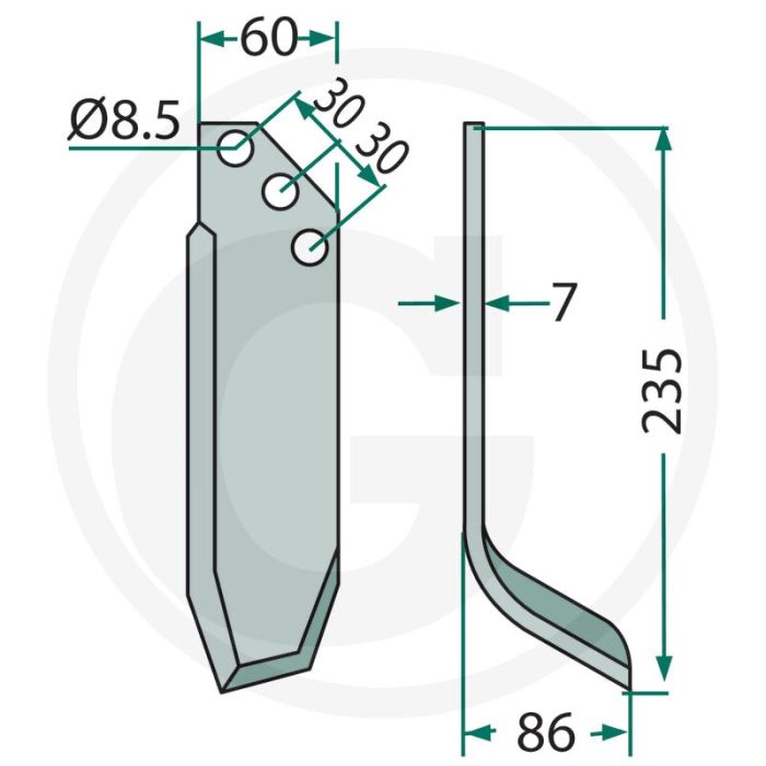 Gebogen mes (rechts) Gebogen mes (rechts)