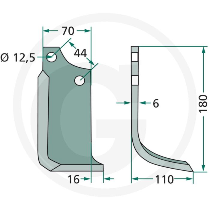 Gebogen mes (rechts, type A/E/H)