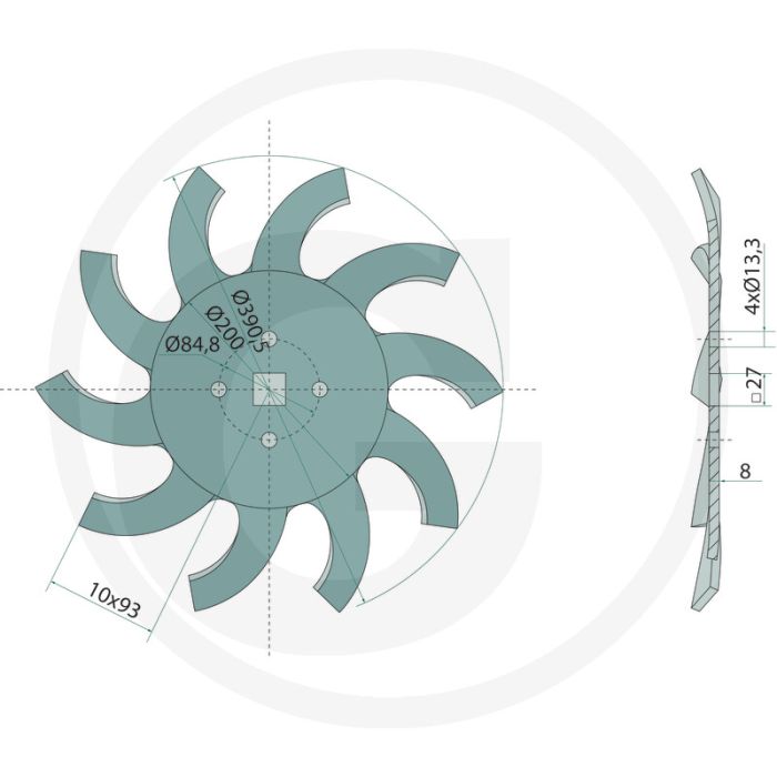 Rollhackenscheibe rechts 8mm 10 tanden Ø390mm Braun