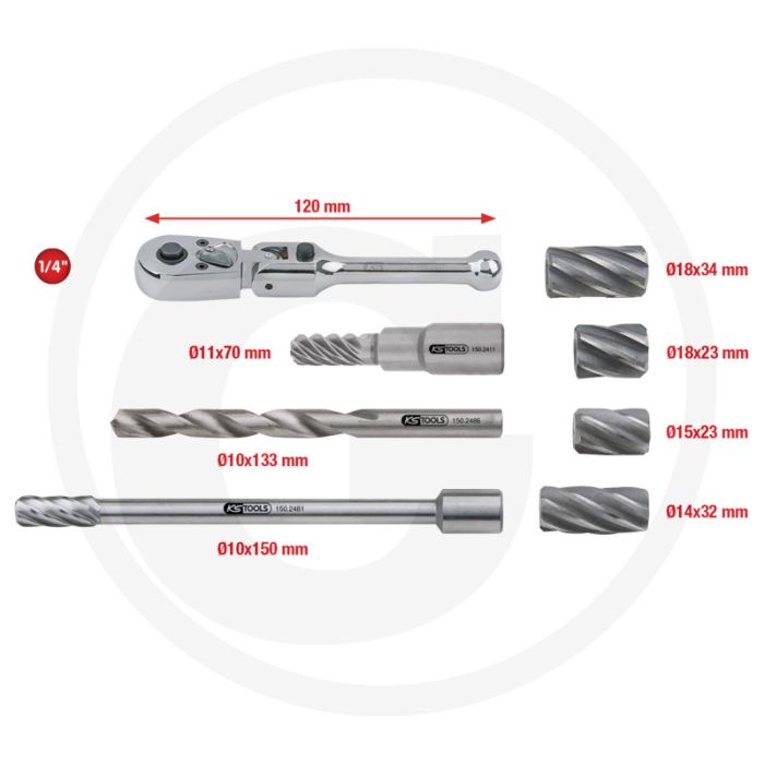 KS Tools 1/4" MASTER ABS-Sensoren-Reibahlen-Satz, 8-tlg. voor Audi, Opel, Seat, Škoda, Volkswagen - Incl. Speciaalboor - Kunststofkoffer