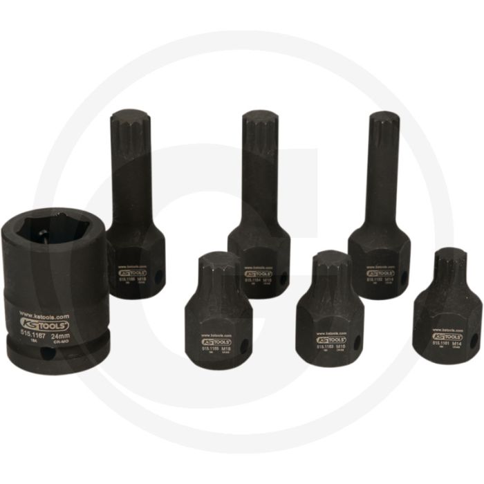 KS Tools 1/2" Bit-dopsleutelset voor veeltand(XZN®)-schroeven, lang, 7-delig, M14-M18. Voor KFZ, lange uitvoering.